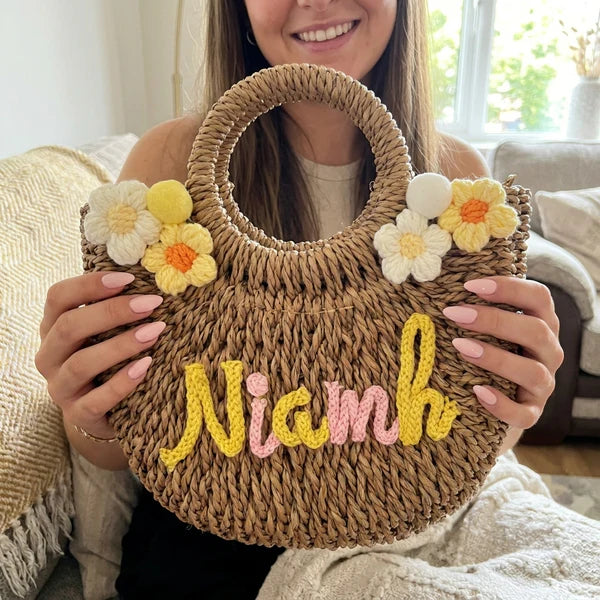 Custom Name Straw Summer Beach Tote Bag Handmade